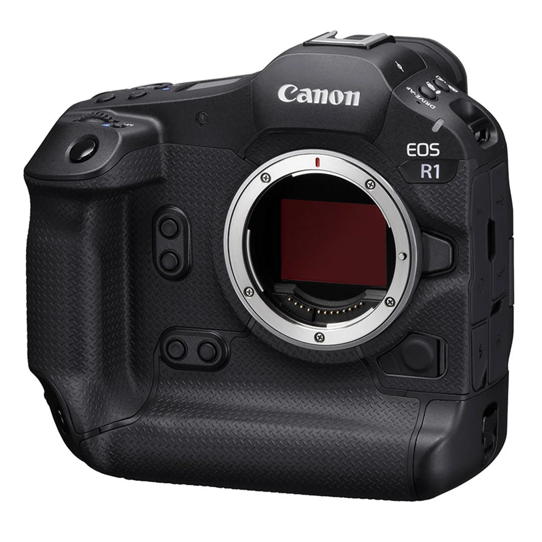 Tilted front image of the Canon EOS R1 showing its full frame sensor.